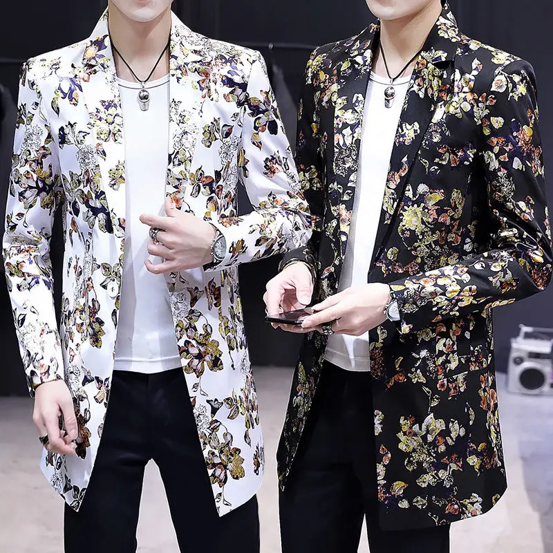 

Новинка весна-осень Модный крутой костюм средней длины мужской облегающий цветочный костюм в Корейском стиле молодежное пальто