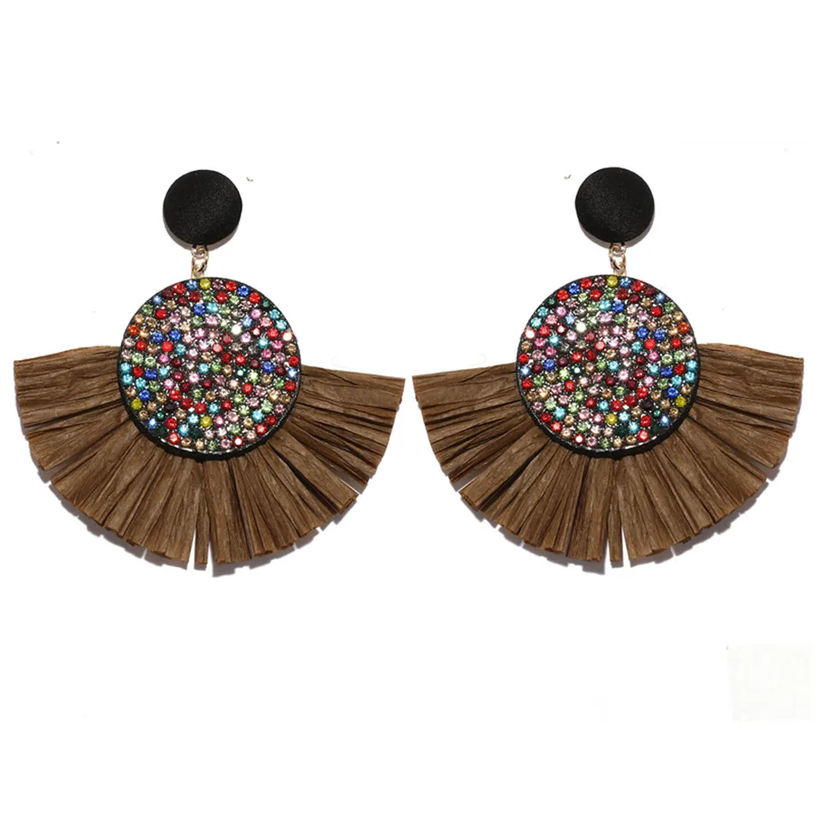 style 2 brown Новые модные секторные стразы серьги с бахромой для женщин Bohemia Lafite Raffia висячие серьги массивные ювелирные изделия - Окраска металла: style 2 brown