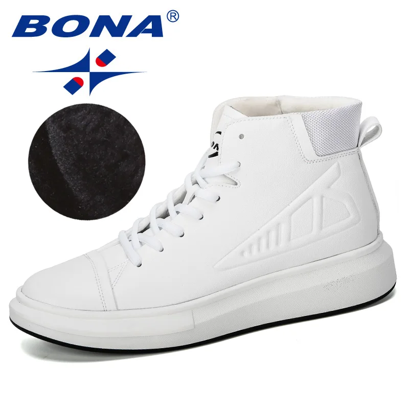 BONA/ Новые популярные мужские вулканизированные туфли мужские высокие короткие плюшевые модные кроссовки на шнуровке уличная однотонная мужская обувь - Цвет: White