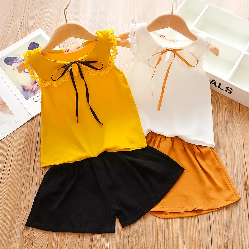 

New Girls Clothing Sets 2020 Summer Kids Clothes Lace Chiffon Sleeveless T-shirt + Solid Shorts For 1-7 Years Children Clothing