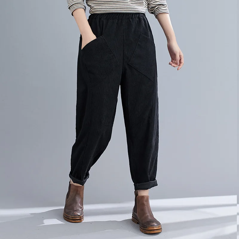 

2020 Elastic Waist Black Pants Corduroy Korean Fashion High Waist Trousers High Street Plus Size Pants Street Style Autumn