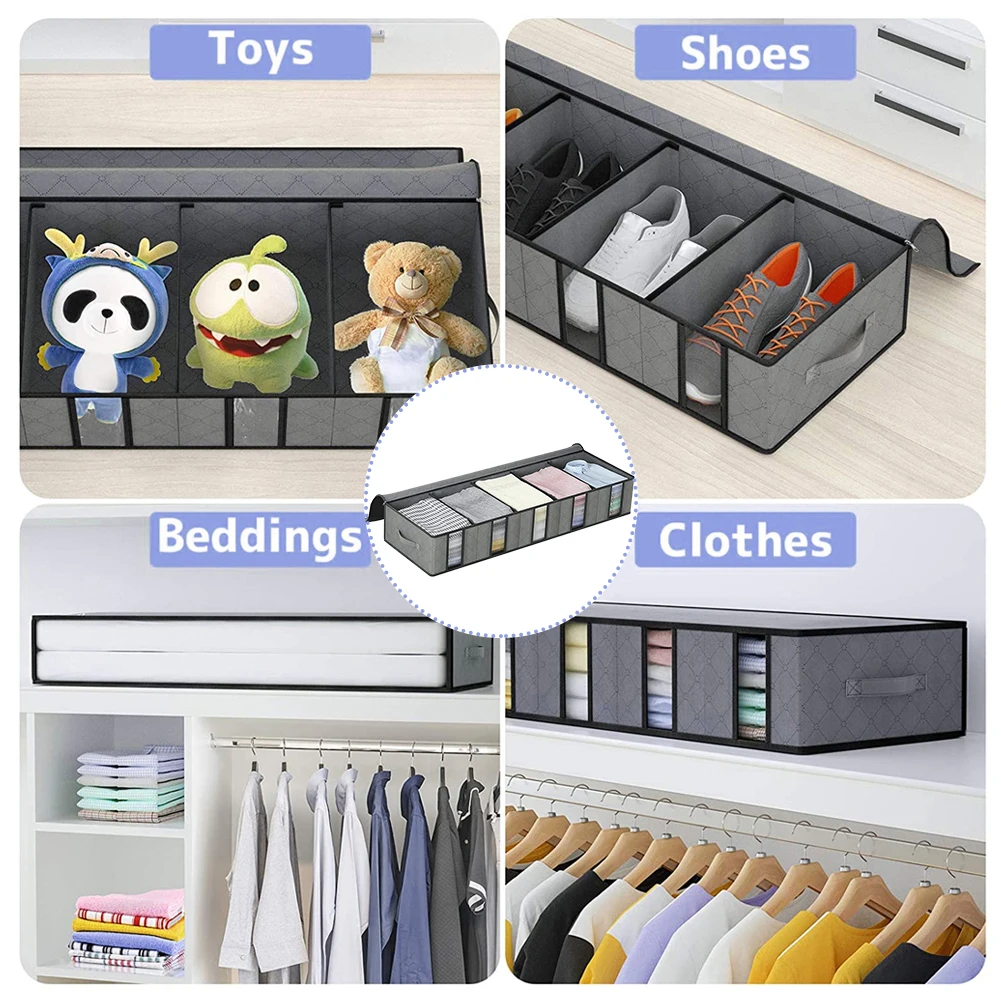 

2PCS Clothes Storage Bag Underbed Foldable Organizer Box With View Windows Removable Dividers For Home Storage Blanket Bedding