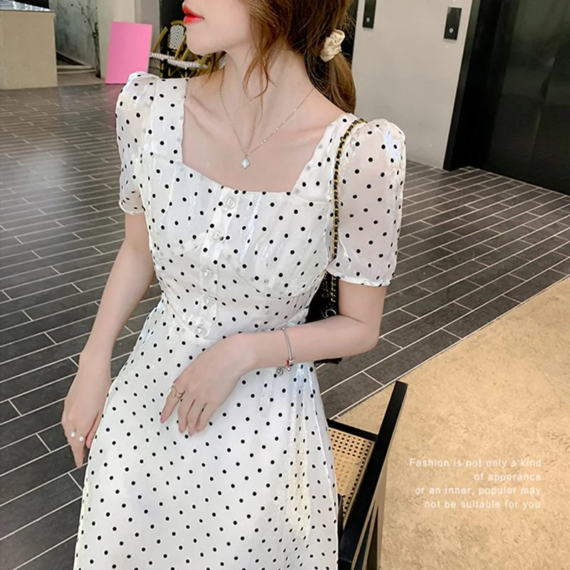 

Summer New French Square Collar Vintage Dot 2021 Hot Dress Female Chic Fashion Slim Gentle All-Match Casual A-Line Dress