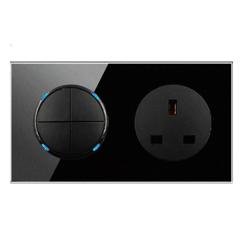 

146 Type 4 gang 2 way UK switch Crystal Tempered Pure Glass Panel 13a Double Eu Standard Wall Power Socket Grounded black