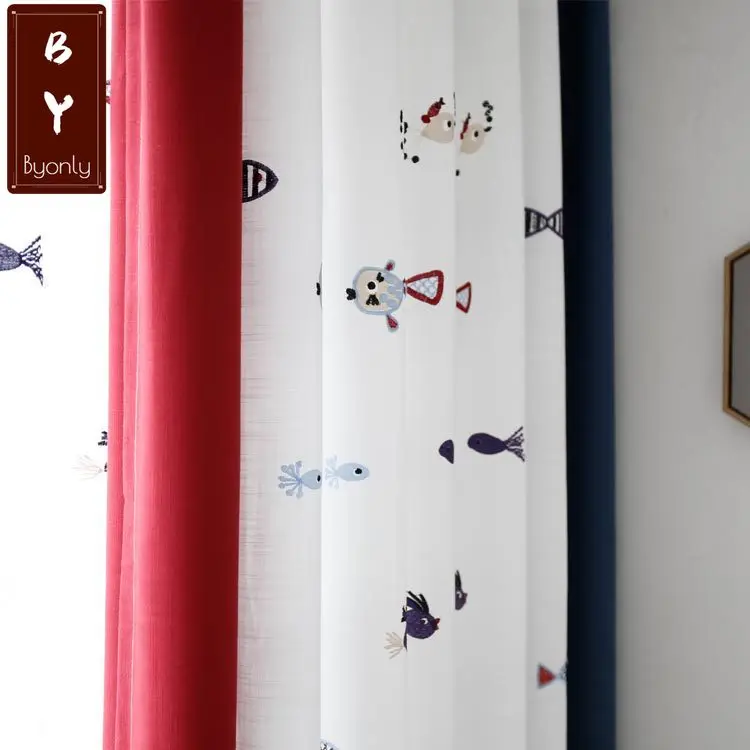 

Imitation Cotton and Linen Bamboo Cotton Embroidery Children's Boys Room Cartoon Fish Blue Red Stitching Blackout Curtains