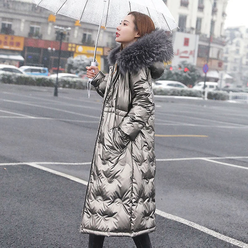 

2021 зимняя блестящая длинная парка, женские зимние куртки, пальто, тонкое толстое хлопковое пальто с воротником из искусственного меха, тепл...