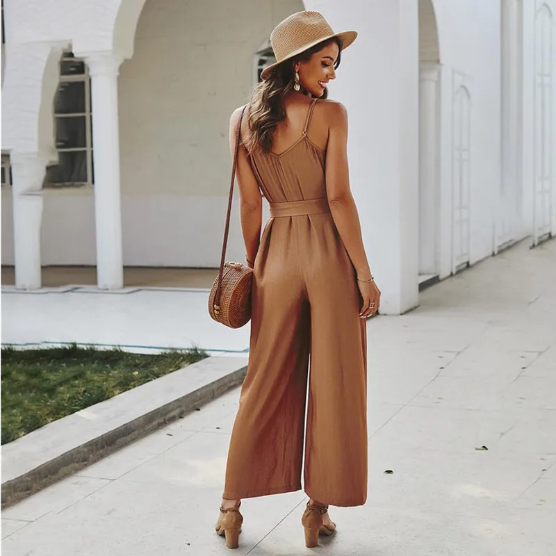 

Rompers Jumpsuit women Sexy Backless Sling Casual Wide Jump suit 2020 New Summer Bow Belted Overalls for women mono mujer