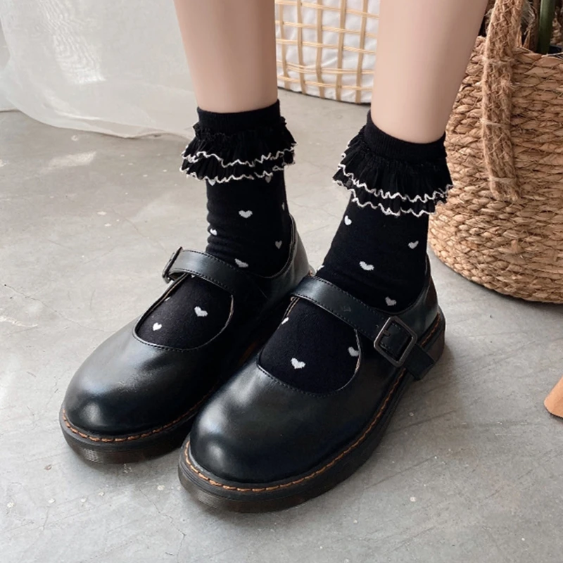 

Women Sweet Double Layer Ruffle Frilly Short Socks Japanese Style Lolita Kawaii Little Heart Print Student Princess Cotton Ankle