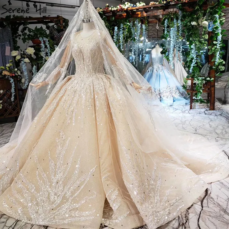 Шампанское роскошные свадебные платья с длинными рукавами 2021 Дубай o-образным