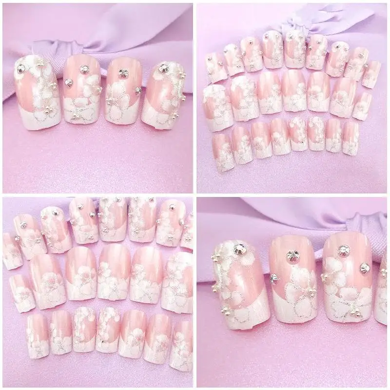 Девушки розового цвета милые накладные ногти 3D блестящие стразы свадебные 24