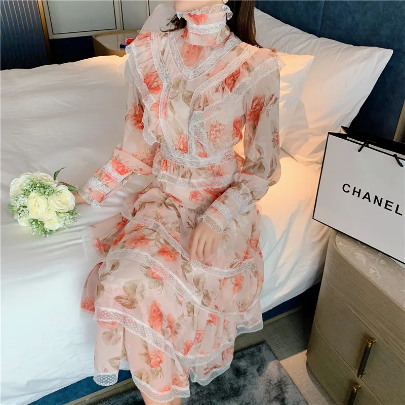 Runway High Quality Bohemian Style Lace Trim Ruffles Dress Spring Women Stand Collar Lantern Sleeve Vintage Party Vestidos | Женская