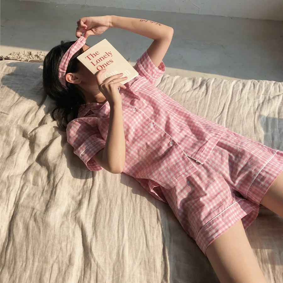 2021 New Comfortable Pajamas Women's Short Sleeve Shorts Plaid Home Suit Female Sleepwear Sleeping Wear Lady Nightwear Lingerie