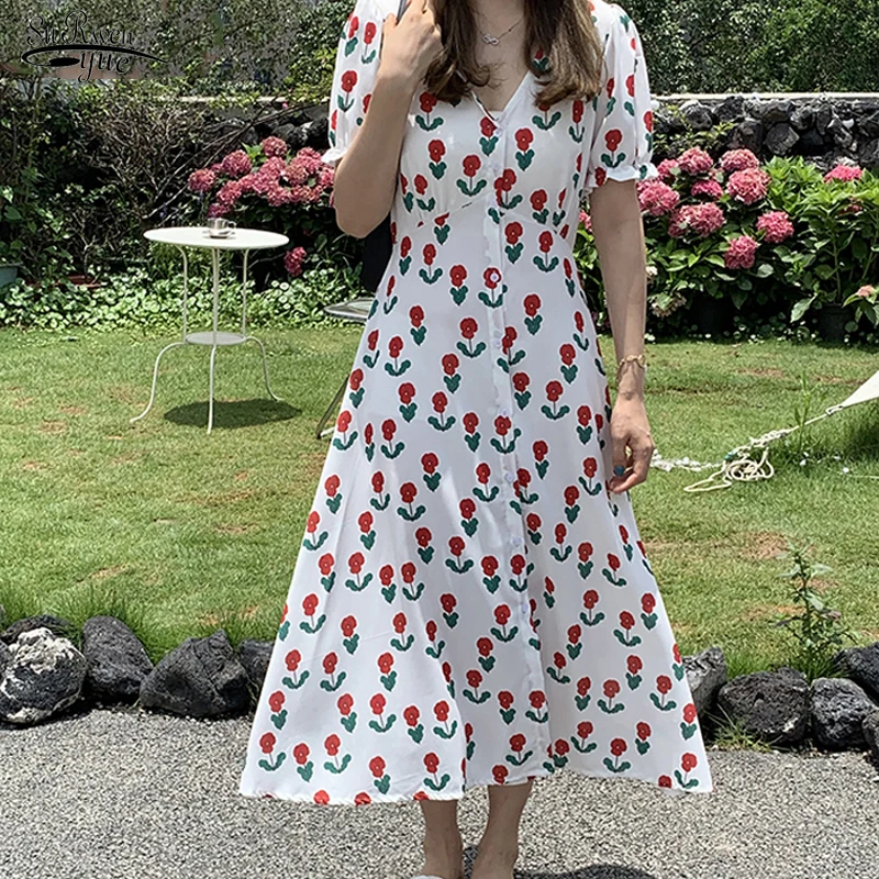 

Женское платье миди с цветочным принтом, повседневное милое платье с высокой талией и V-образным вырезом, модель 2022 в Корейском стиле на лето...