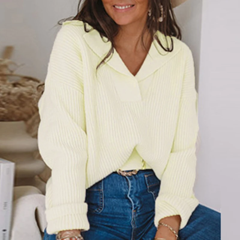 

2021 Autumn Winter Rib Knitted Sweater Women Elegant Turn-down Collar Warm Pullover Jumper Casual Long Sleeve Solid Top Sweaters