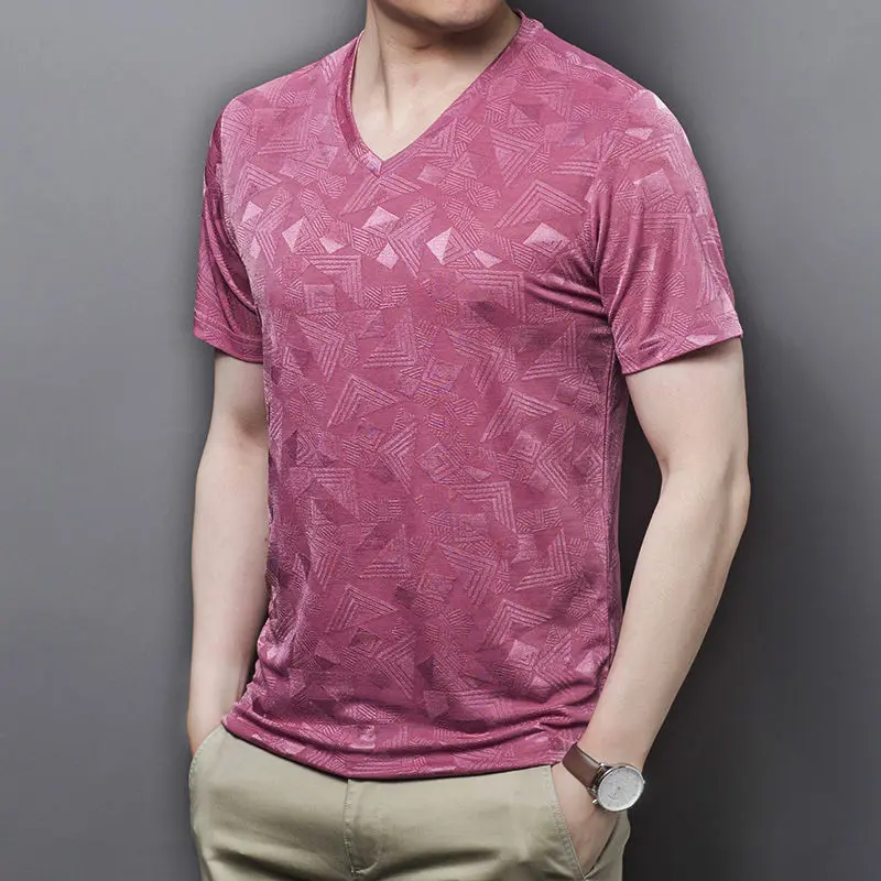 

2021 new summer wear men's loose V-neck ice silk short sleeve t-shirt men's trend versatile top