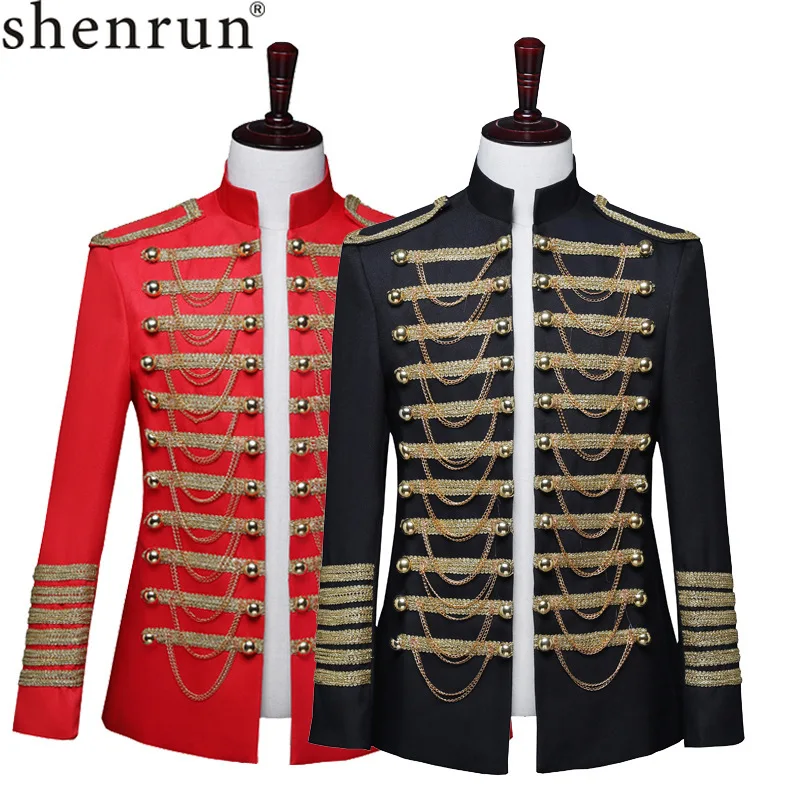 Shenrun Мужская Военная Униформа суд платье Красный Черный Тонкий Блейзер Стенд