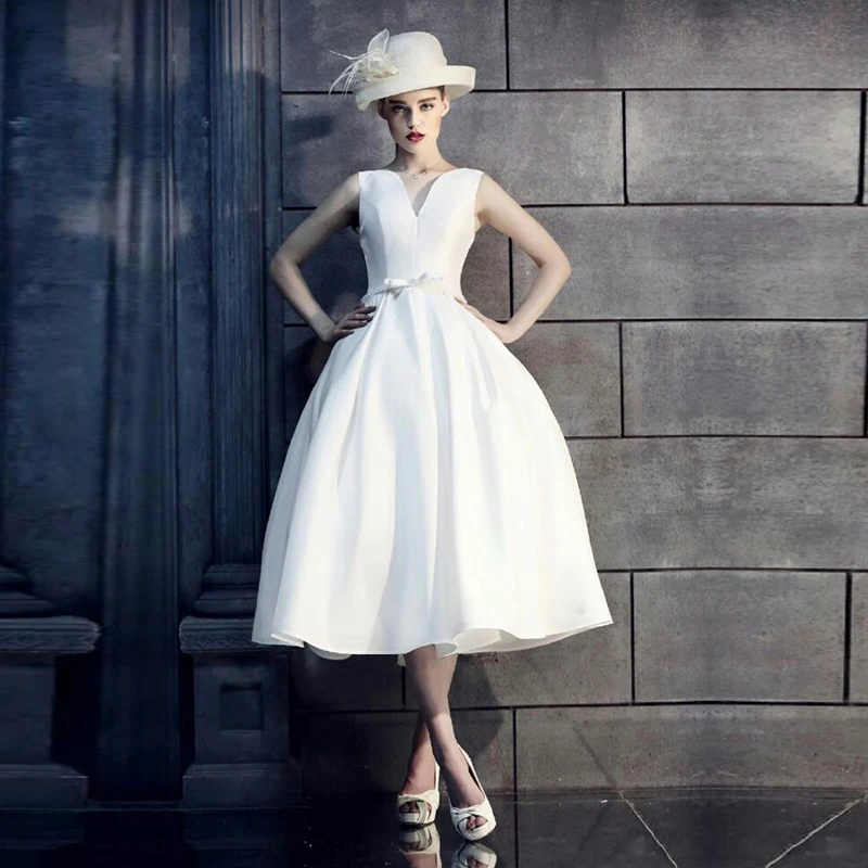 NBW018 Robe De Mariage индивидуальный заказ короткий атласный свадебное платье роскошный v