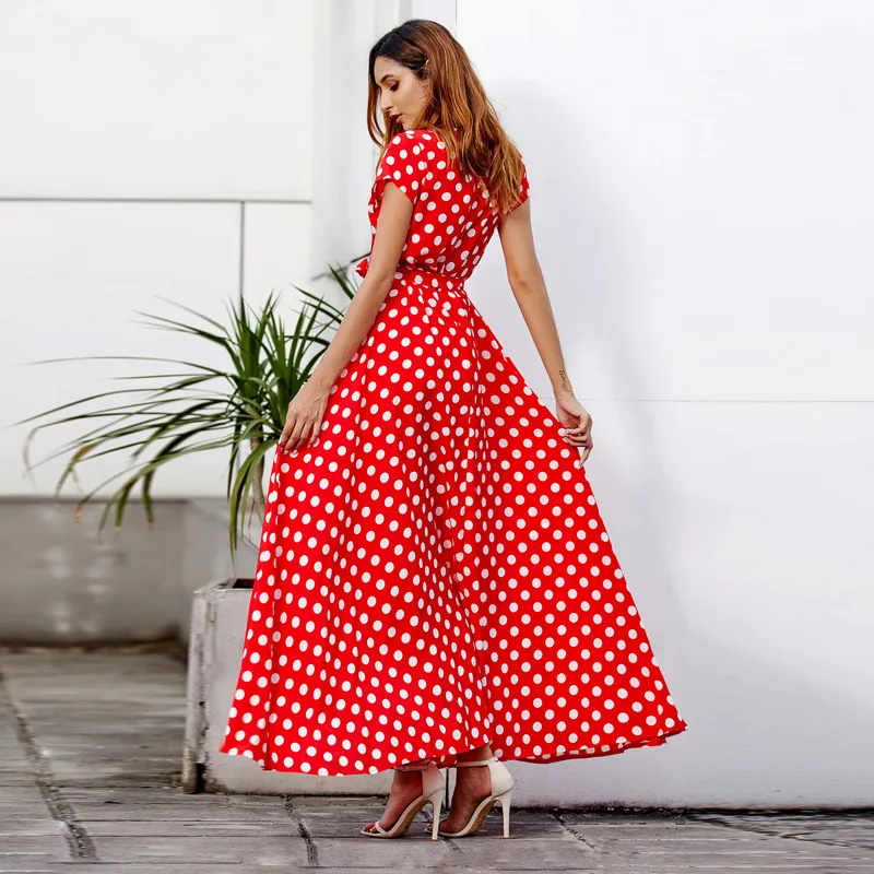 

SWEETKAMAPolka Dot Deep V-Neck Dress Red Short Sleeve Summer Dress Women Boho Ladies Sexy High Split Tunic Long Dress
