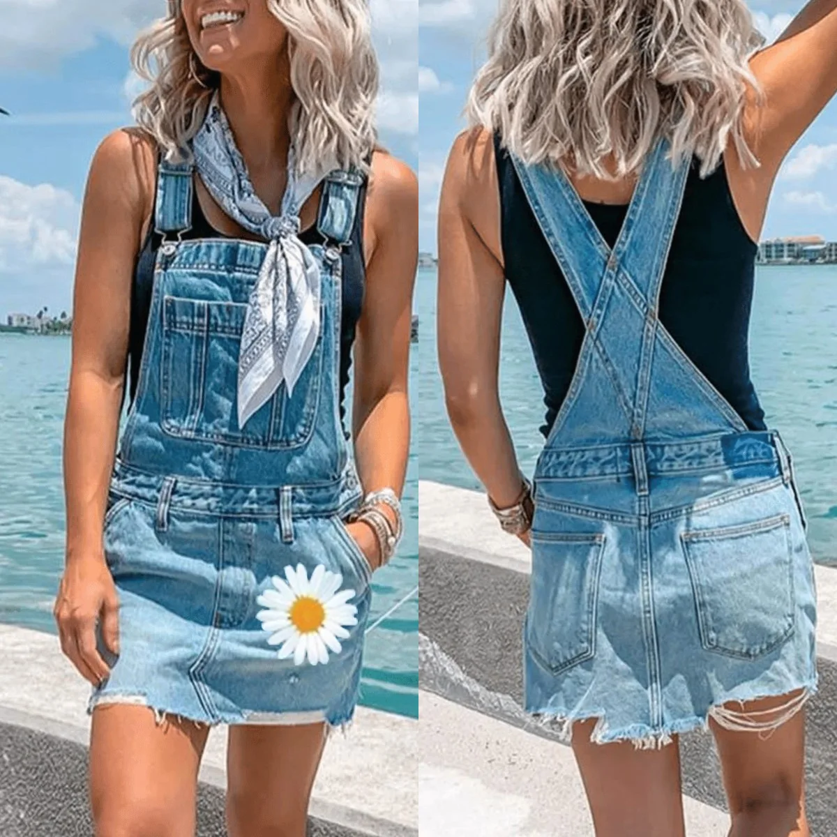 

Skirts Womans Summer New Ladies Denim Suspender Skirt Slim Big Pocket Flower Slimming Suspender Print Bust Denim Overalls Skirt