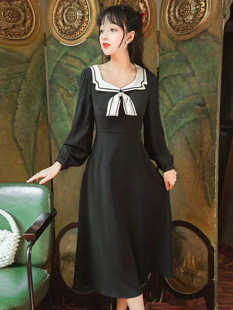 

Summer new style women's Japanese girl navy neck bow tie temperament was thin long sleeves mid-length dress black dress