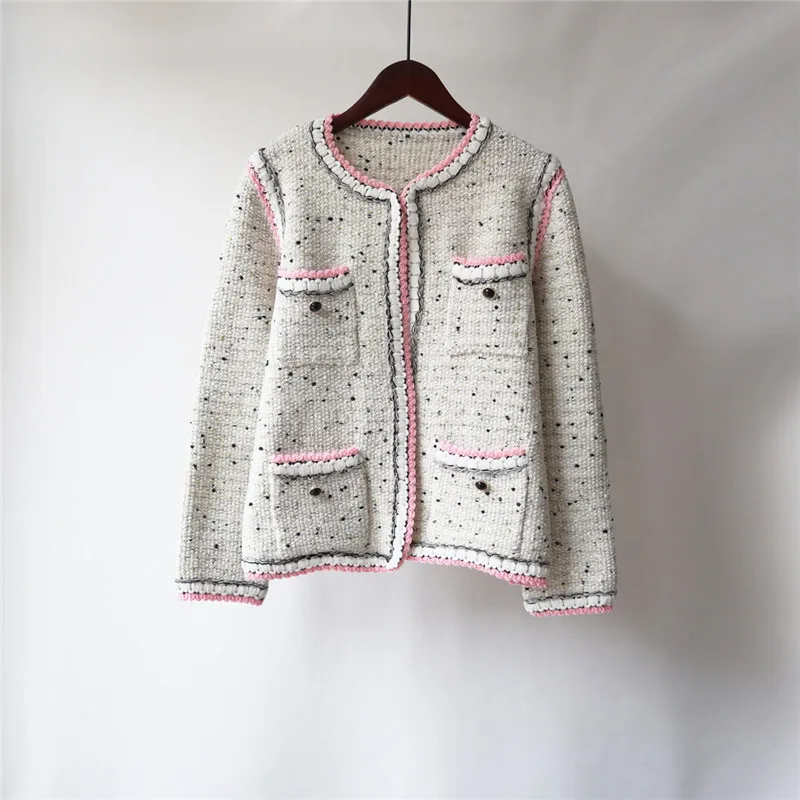 

Autumn Winter Knitted Sweater Cardigan Women Pocket O-Neck Fashion Spliced Short Cardigans Ladies Elegant Loose Sweaters H1713