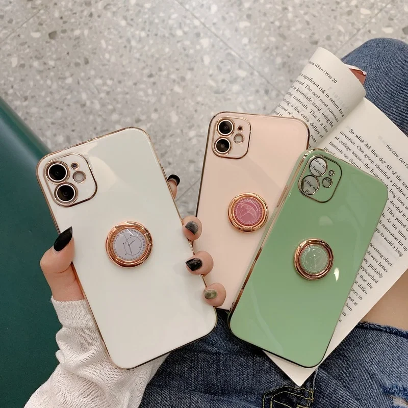 

For iPhone 11 Case Luxury Gold Plated Ring Stand Phone Holder Cases for iPhone 12 Pro Max 8 Plus 7 xs XR SE 2020 Silicone Cover