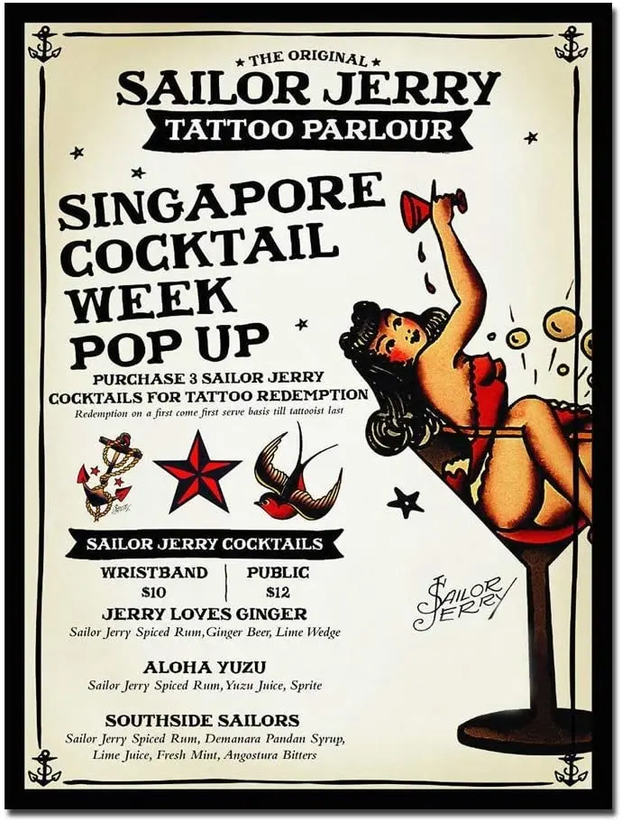 

Metal Tin Sign Sailor Jerry Tattoo Shop Retro Plaque Metal Poster Cafe Milk Tea Shop Bar Restaurant Metal Tin Sign 8x12 INCH