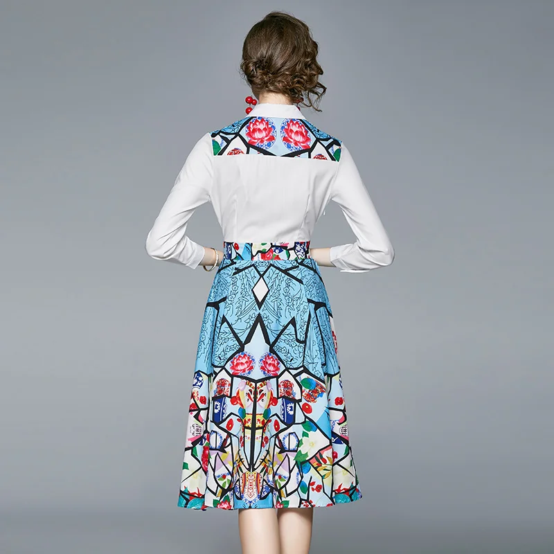 

womens Designer runway set suit shirt top+skirt office ladies work wear Vintage long sleeve shirts tops printed skirts sets suit