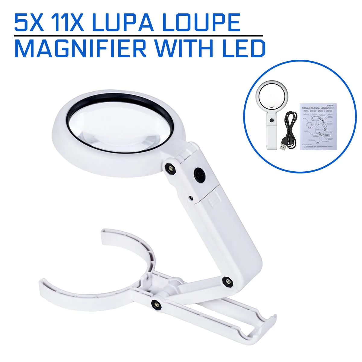 

5X 11X Lupa Loupe Magnifier Folding Lamp Reading Portable Handheld Illuminated Magnifying Glass With 8 LED Lights for Newspaper