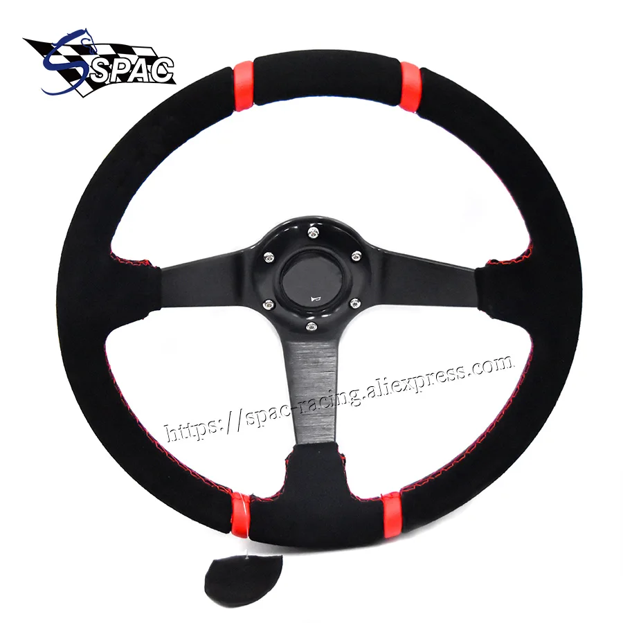 Автомобильный руль 350 мм Глубокая тарелка замша черная кожа красная стежка |