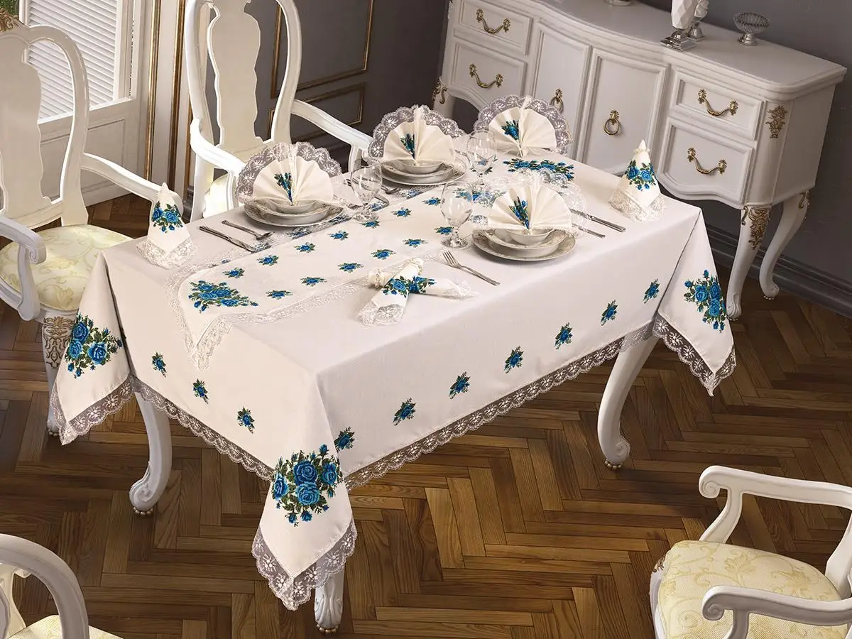 

Cross stitch Printed Güpürlü Four Rose Table Cloth Pack 26 Parça Mavi