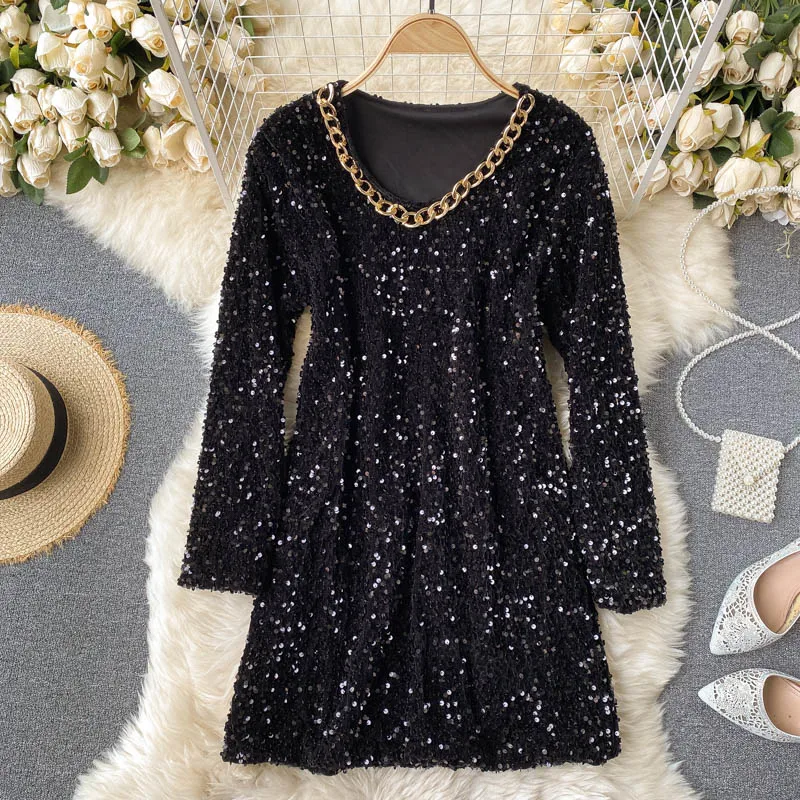 

Осеннее Черное мини-платье с блестками, женское свободное платье с круглым вырезом и длинным рукавом, с цепочкой для клувечерние, женское пл...