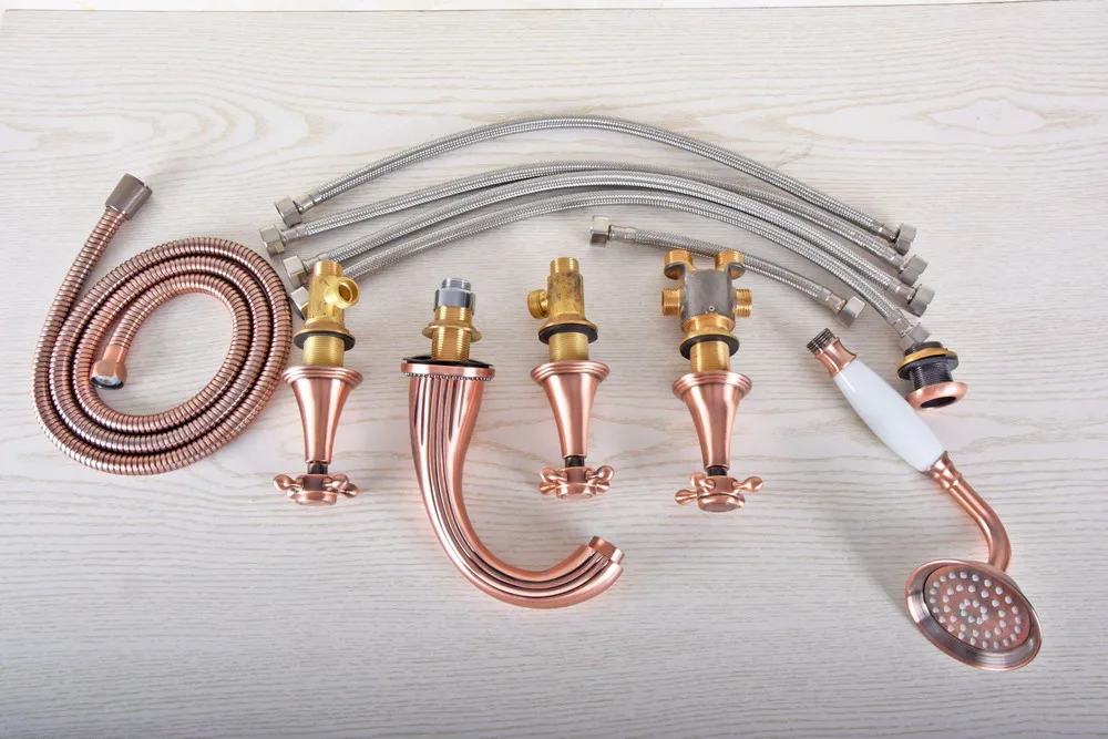 

Antique Red Copper Brass Widespread Deck-Mounted Tub 5 Holes Three Handles Bathroom Tub Sink Basin Faucet Tap Hand Spray mtf198