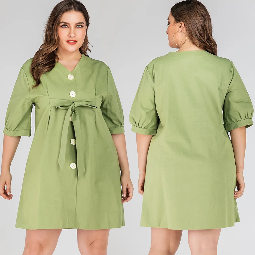 

2021 Summer Plus Size Women's V-Neck Retro Single-Breasted Dress With Thin Solid Sleeves