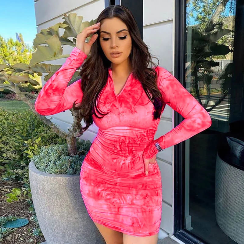 

Colorful 2021 Tie Dye Print Women Dress Long Sleeve Zip Up Blue Pink Casual High Waist Lady Turtleneck Mini Dress Vestidos