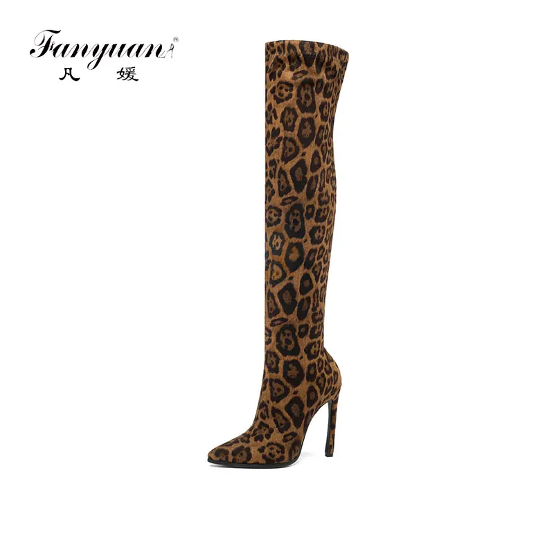 

fanyuan Sexy Stretch Women Leopard Over the Knee Boots Extreme Heel Thigh High Boots Pointed Toe Autumn Winter Boots Party Boots