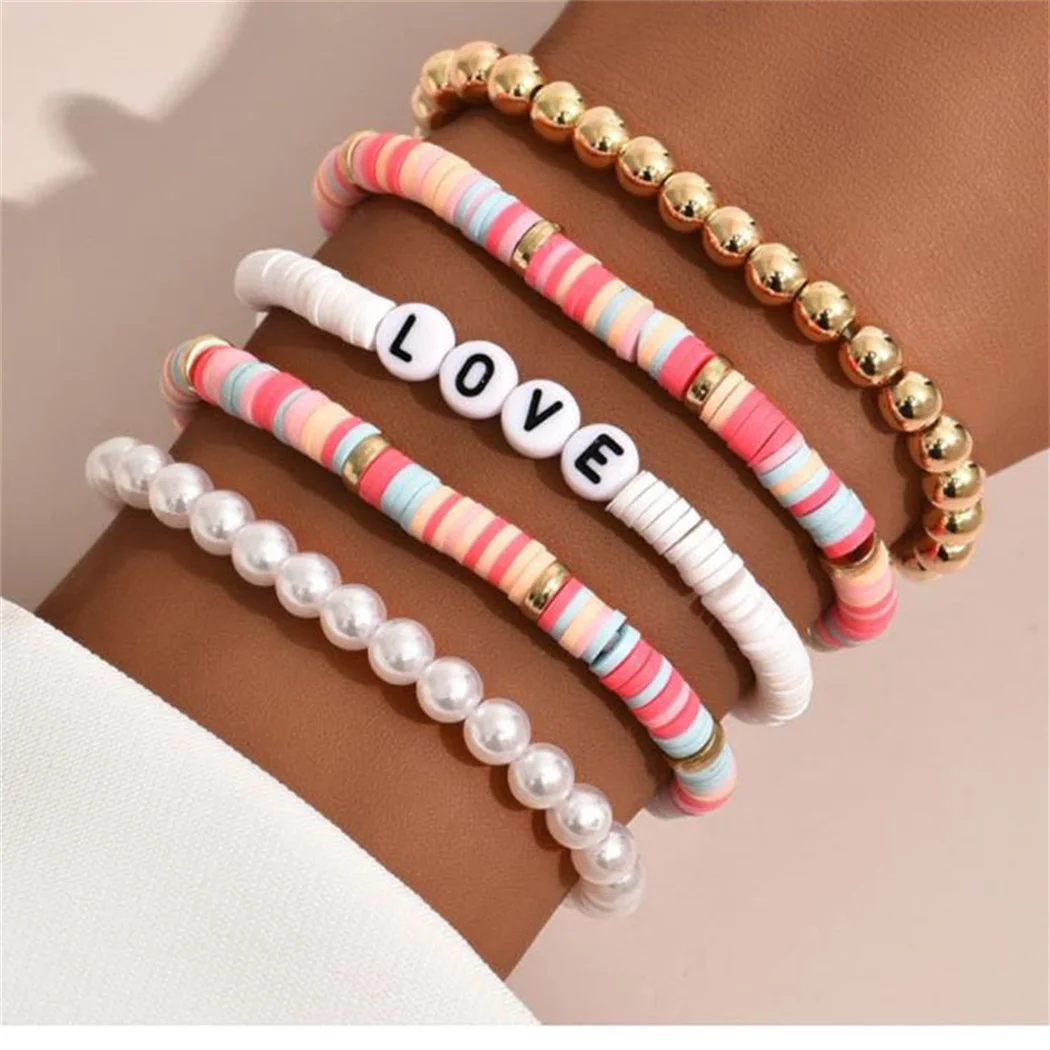 

5pcs Gold Color Bracelets LOVE Heart Letter Name Women Jewelry Beaded Polymer Clay Men's bracelets Adjustable bracelet gift