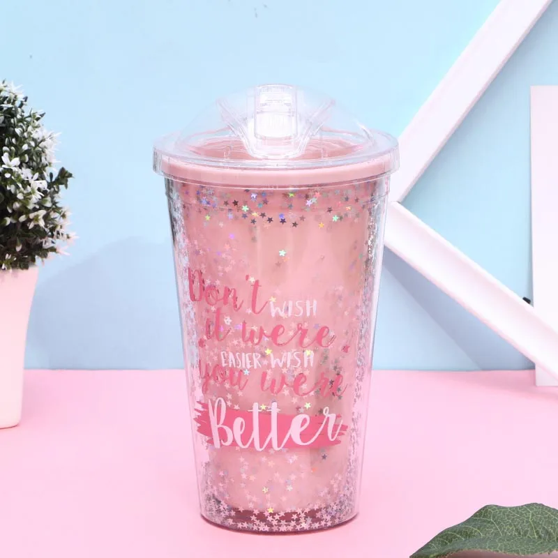 Pink Star Cup Конфетный Цвет 420 мл бутылка для воды для девочек Милая звезда блесток двойные розовые бутылки с соломинками - Цвет: Pink Star Cup