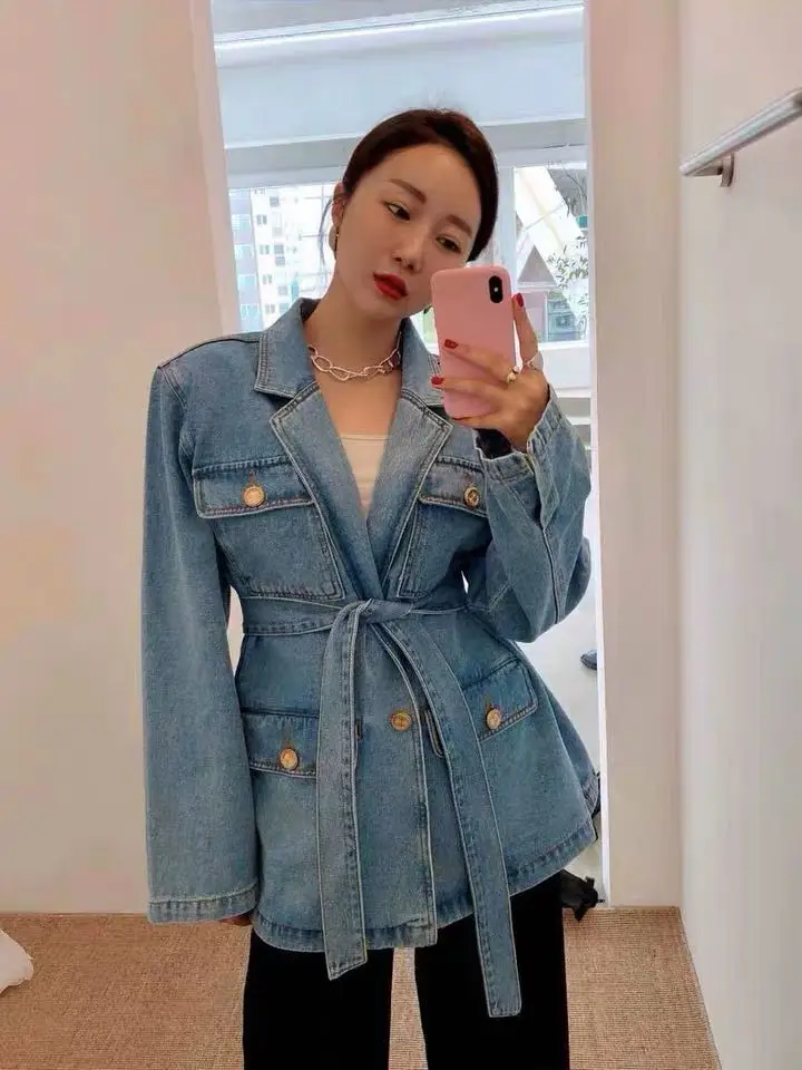 

Fashion autumn new women's belt casual fashion mid-length handsome denim jacket