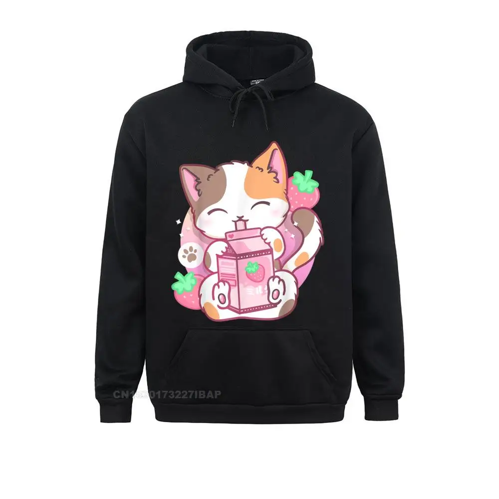 Strawberry Shake Strawberry Milk Cat Kawaii Neko Anime Normal Sweatshirts Funny Men Hoodies Normcore Long Sleeve Clothes