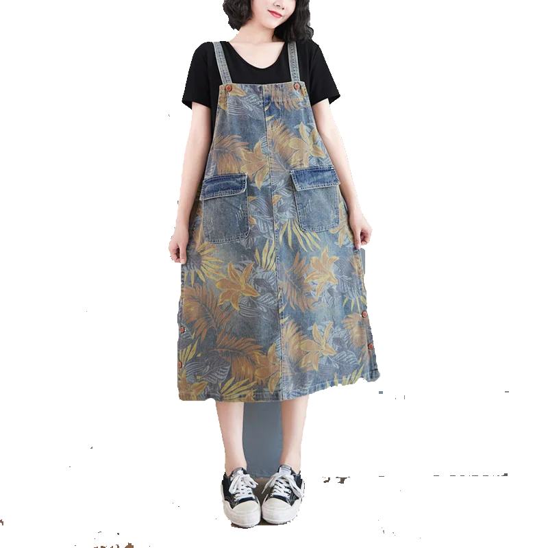 

Casual Vintage Retro Ethnic Mori Girl Hippie Boho Bohemian Loose Baggy Denim Leaf Print Women Denim Cotton Spring Autumn Skirt