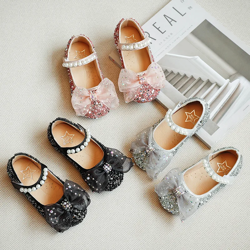 

2-10 Years Princess Fashion Bow Beaded Leather Shoe Elegant Baby Dress Glitter Shoe Girl Party Autumn Children'S School Kid Shoe