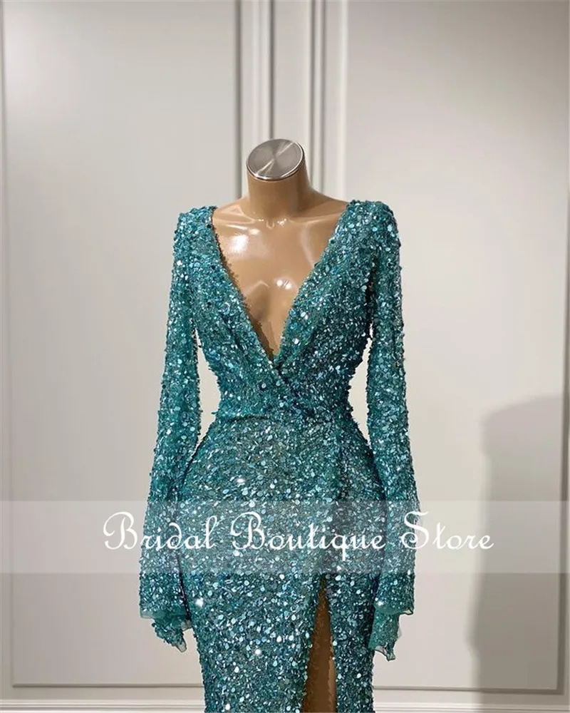 

Elegant Evening Dresses Deep V Neck Mermiad Long Sleeves Celebrity Party Dress 2021 Hot Prom Gowns Vestidos De Fiesta