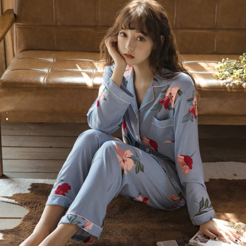 Women Pajamas Sleepwear Sets Spring Summer Homewear Suits Flower Printing Long Sleeves Femme Pijamas Floral 100% Viscose Vintage