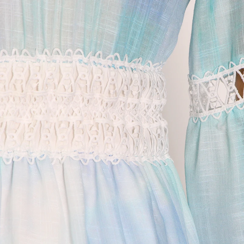 

TWOTWINSTYLE Hollow Out Print Spring Dress For Women V Neck Lantern Long Sleeve High Waist Elegant Dresses Female Fashion New