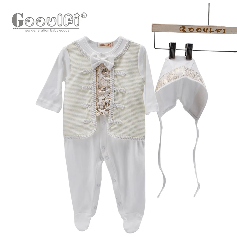 Gooulfi Baby Boy Romper 3-6 Months Cotton Christening Sets Long Sleeve With Hat Gentelman Formal New Born Fall Jumpsuit Footie |