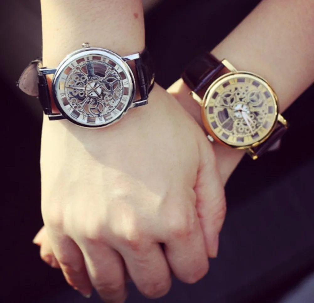 Кожаный ремешок Подарки для женщин модные деловые мужские часы-Скелетон