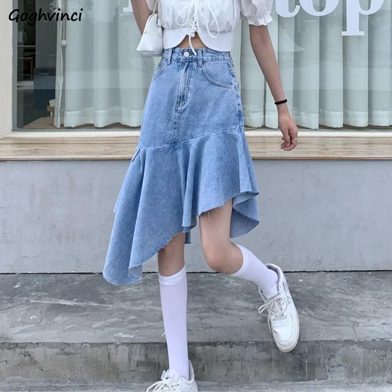 

Summer Irregular Ruffles Denim Skirts Women Empire Slim Drape Stylish Preppy Students Harajuku Streetwear Midi Faldas Retro Ins