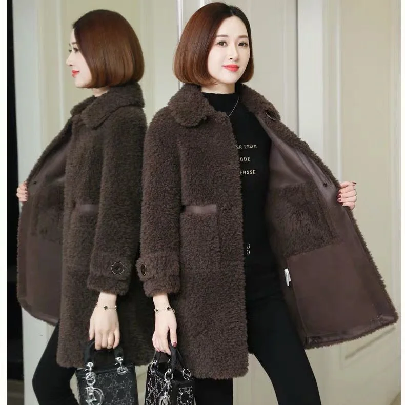 2021Autumn Winter Real Fur Coat Female Wool Vintage Natural Sheep Shearing  Loose Overcoat Lady Single Breasted Slim Jacket O160
