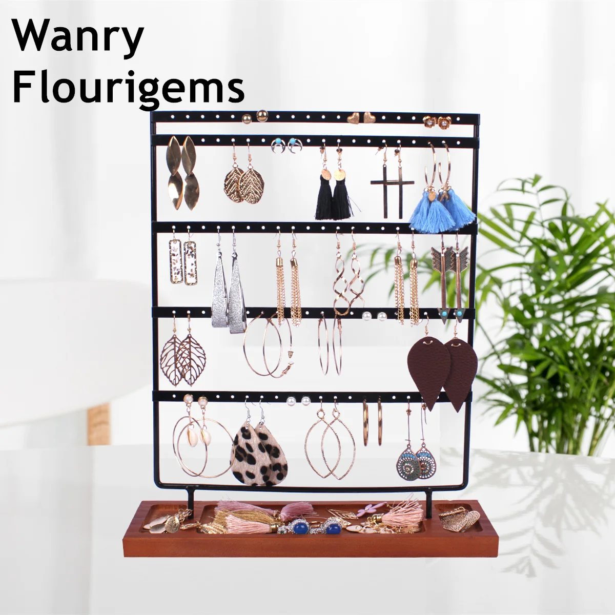 

Earrings Holder 5 Layers Metal Jewelry Organizer Display Stand Wooden Tray Base Ear Stud Holes Hang for Bracelets Necklace Poles
